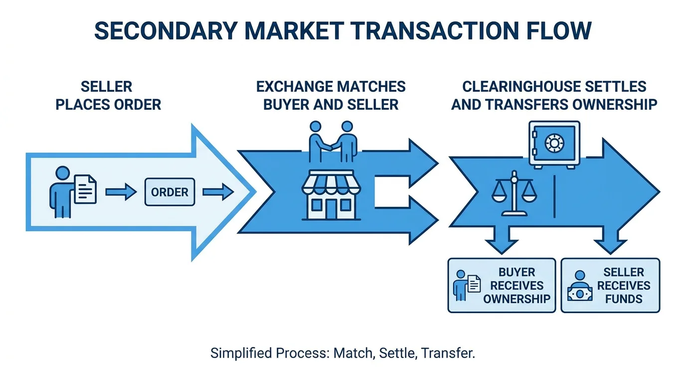 Infographic showing the flow of a secondary market transaction from order to settlement