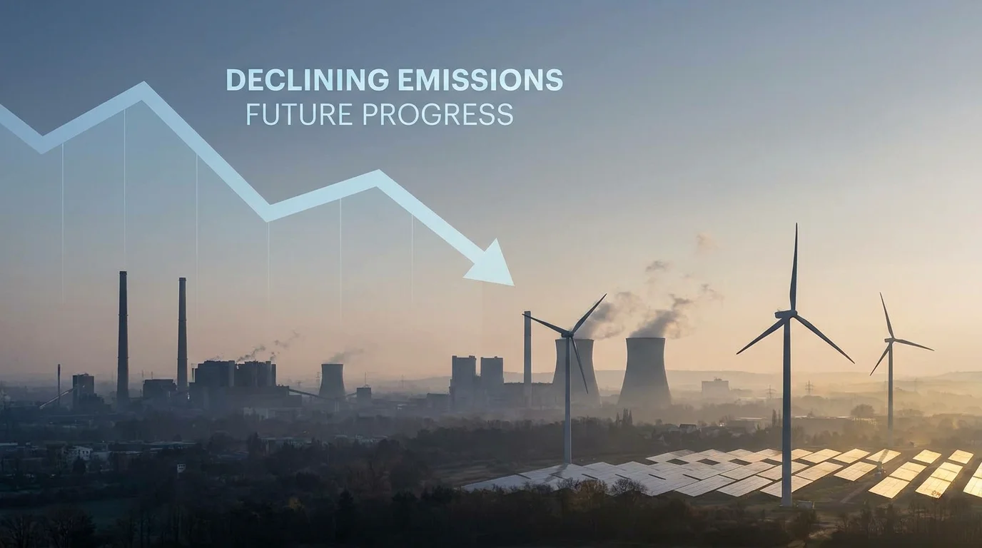 Industrial skyline at dawn with declining emissions trend line representing cap and trade systems