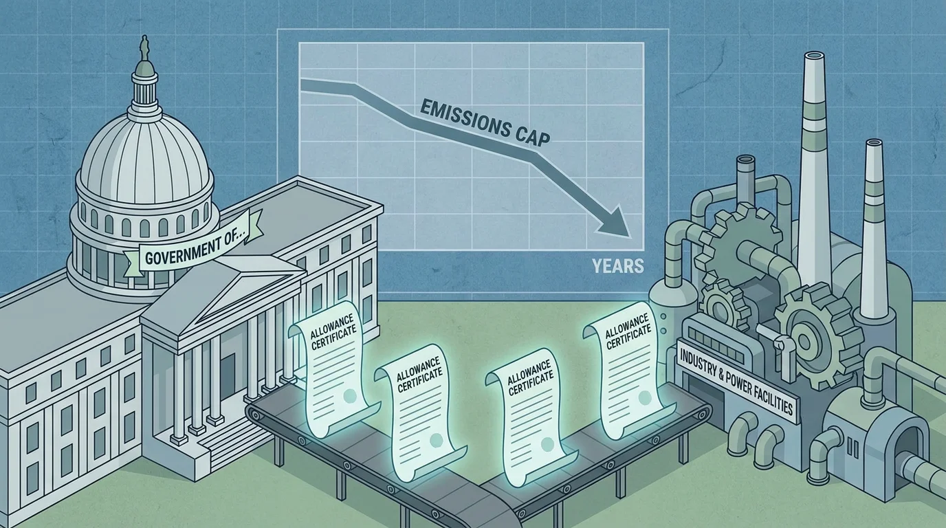 Illustration of government distributing emission allowances to industrial facilities under a declining cap