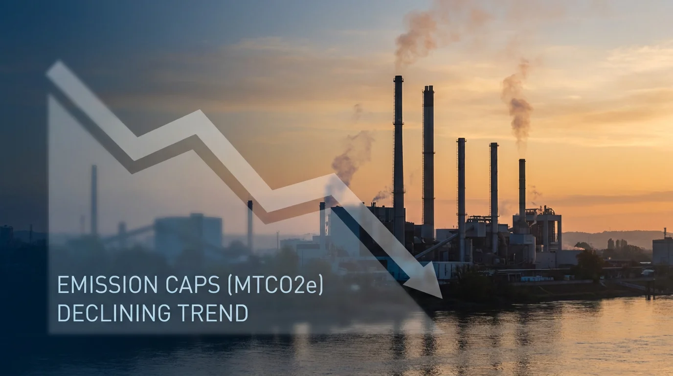 Industrial skyline at dawn representing carbon emissions under a declining cap-and-trade system