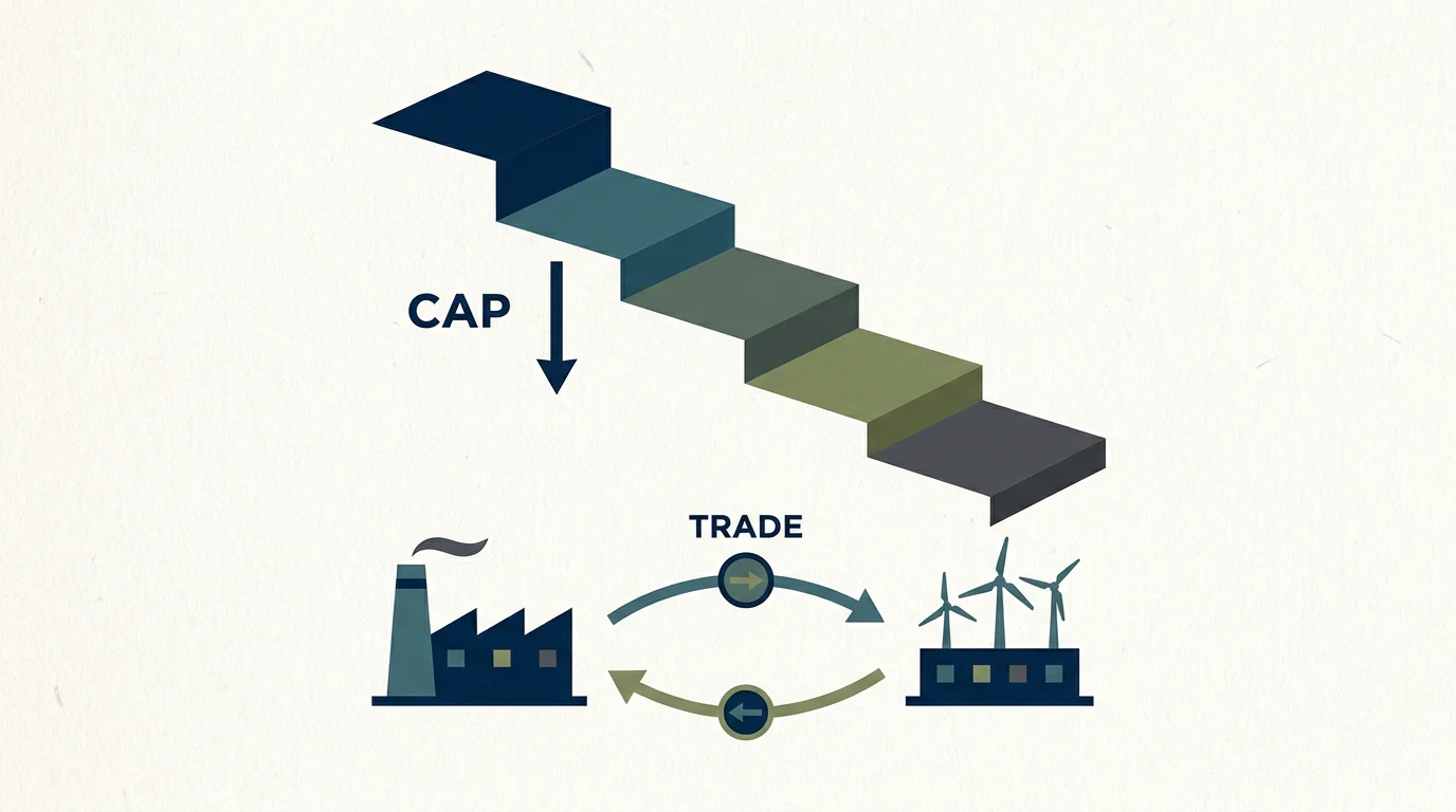 Diagram illustrating the carbon cap and trade mechanism with a declining cap and allowance trading between companies