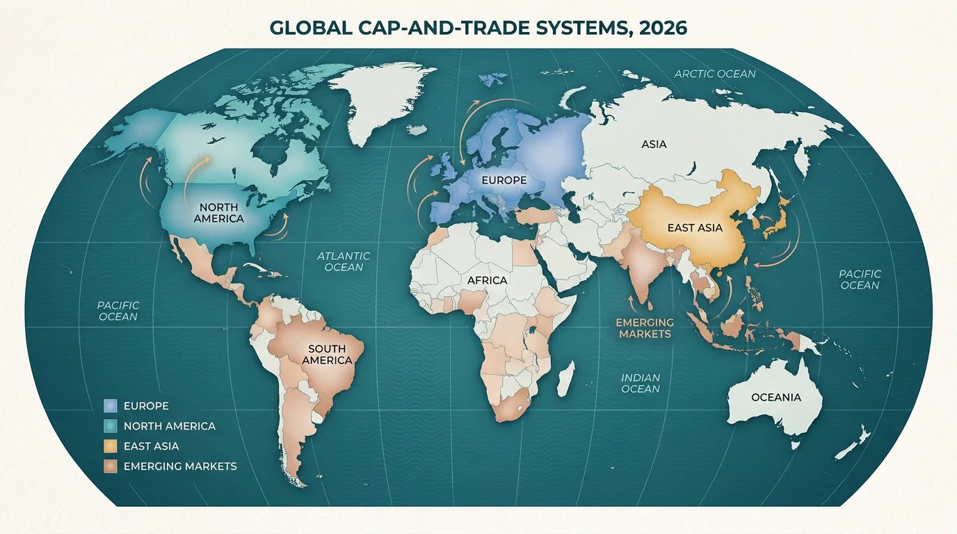 World map showing the global distribution of carbon cap-and-trade systems in 2026