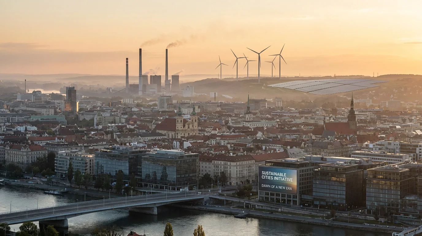 European cityscape at dawn blending industrial and renewable energy infrastructure representing the EU Emissions Trading System