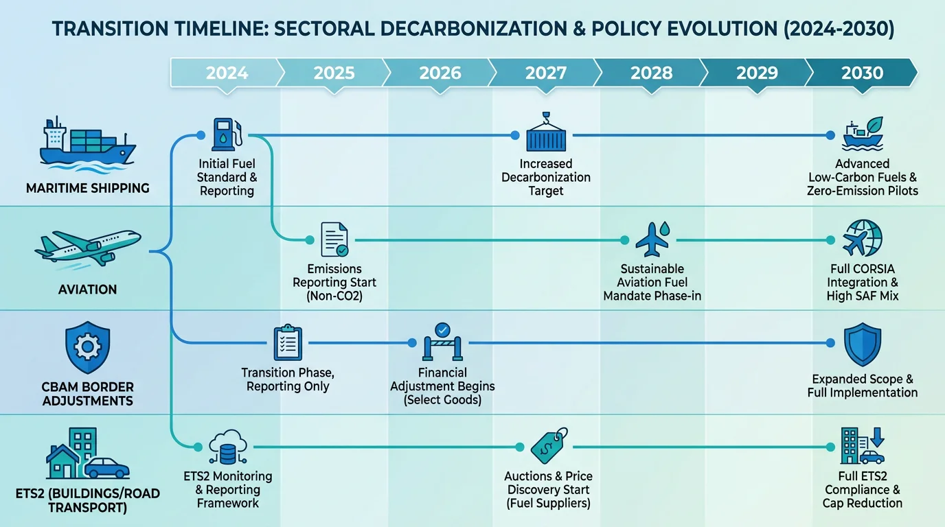 Timeline of EU Emissions Trading System regulatory milestones from 2024 to 2030