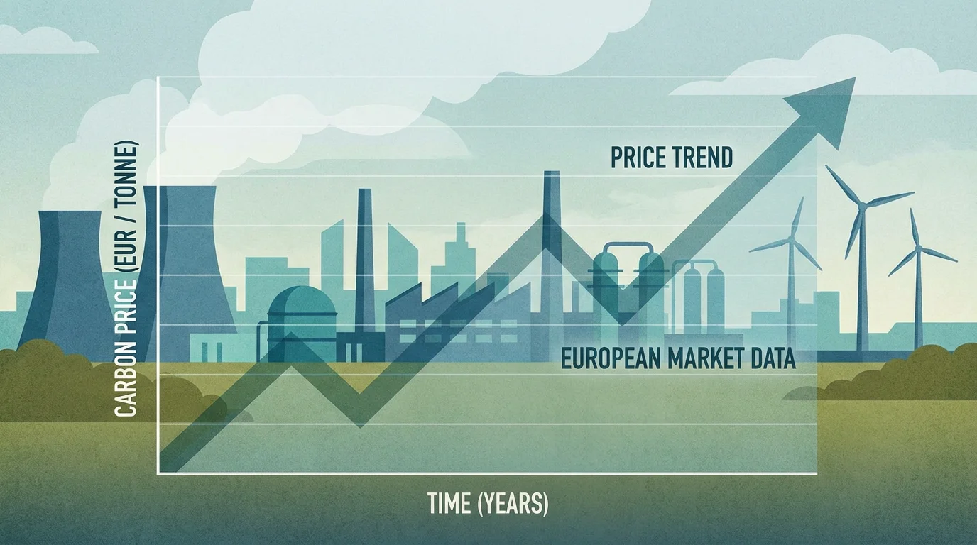 European industrial landscape with carbon price trend overlay representing the EU Emissions Trading System