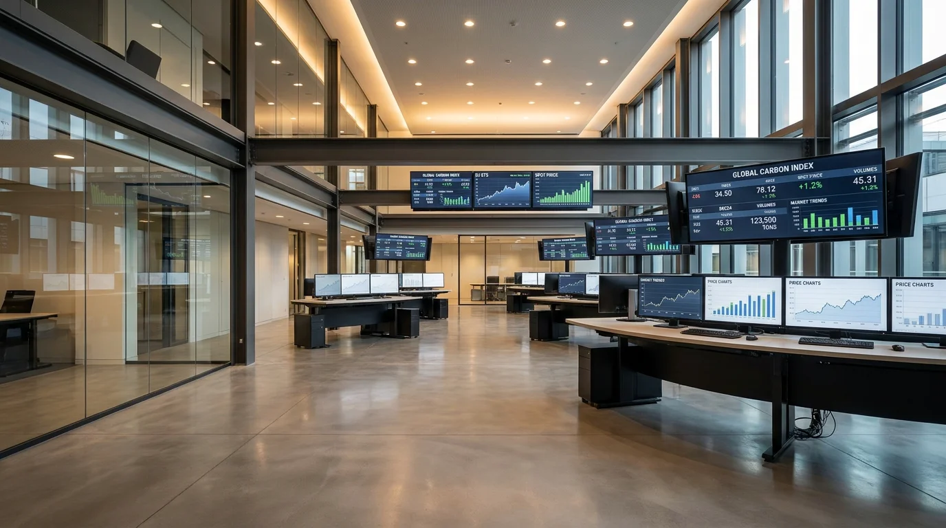 Modern European trading floor with screens displaying carbon market price data and charts