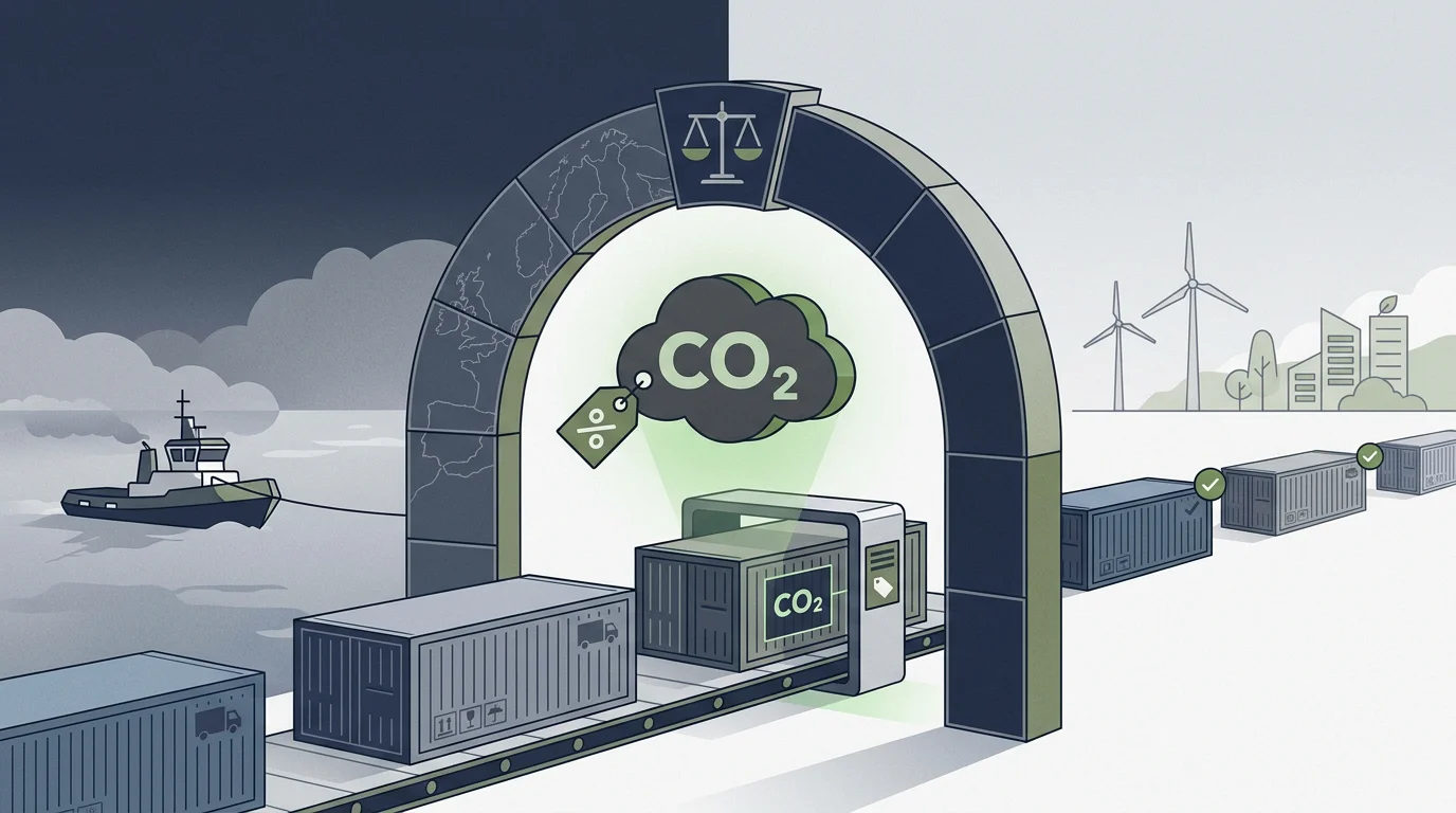 Illustration of the EU Carbon Border Adjustment Mechanism showing imports subject to carbon pricing at the EU border