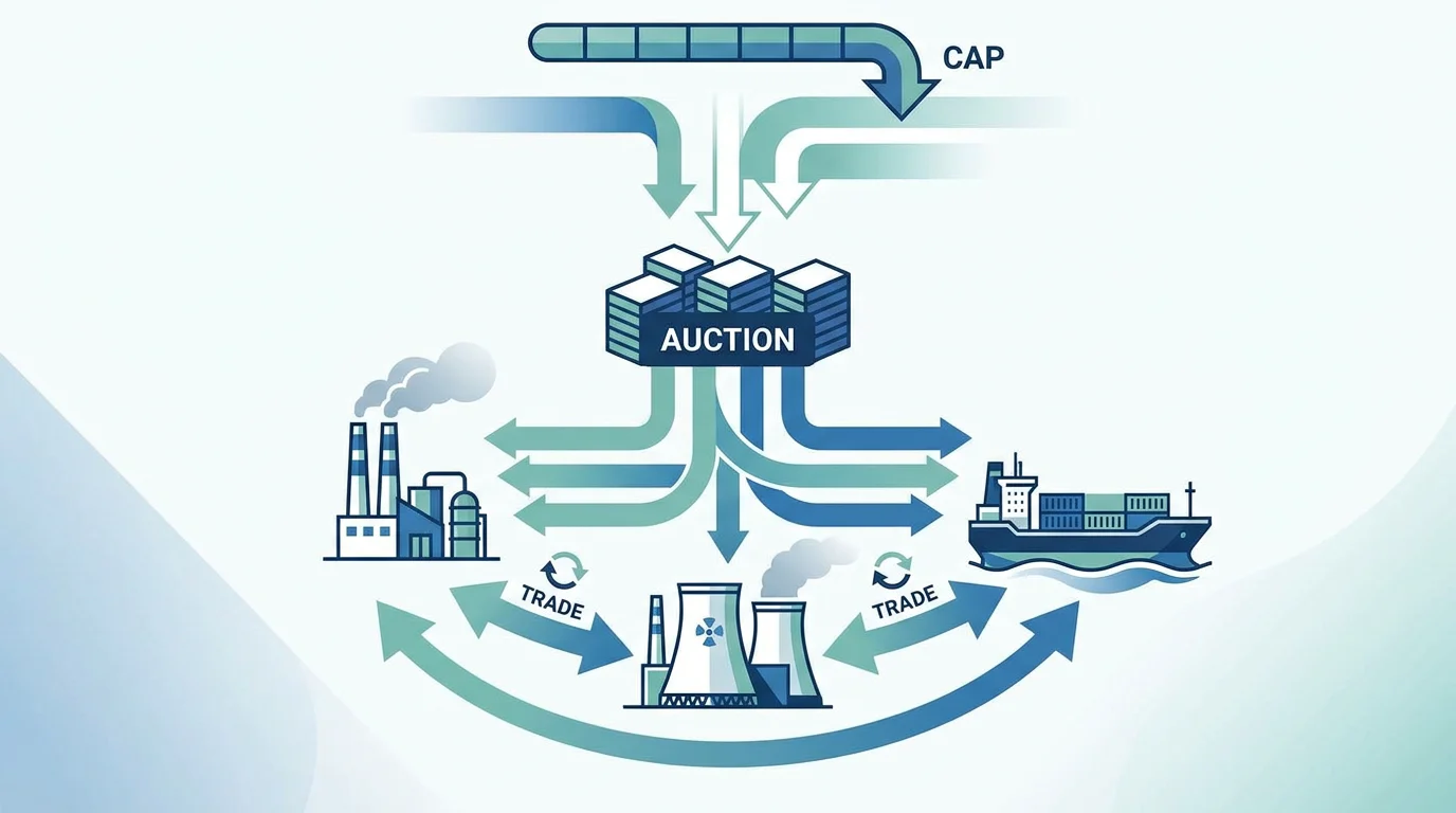 Infographic showing the EU ETS cap-and-trade cycle with declining cap, auctions, and allowance trading between industrial facilities