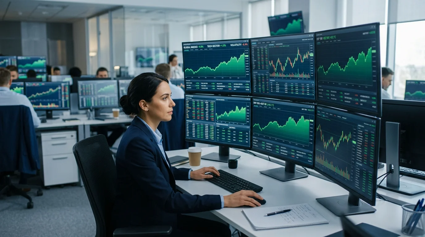 Analyst reviewing carbon allowance price charts on multiple screens