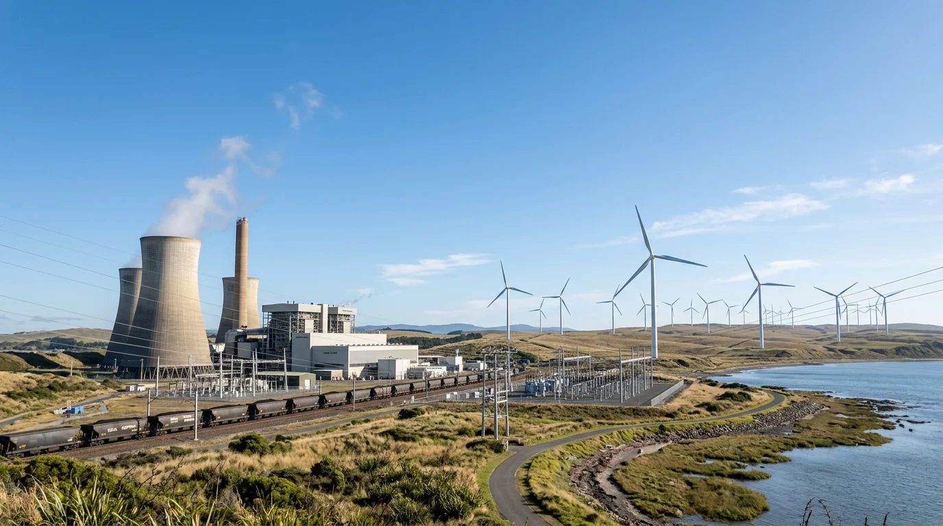 Power station beside wind turbines illustrating the energy transition under emissions trading