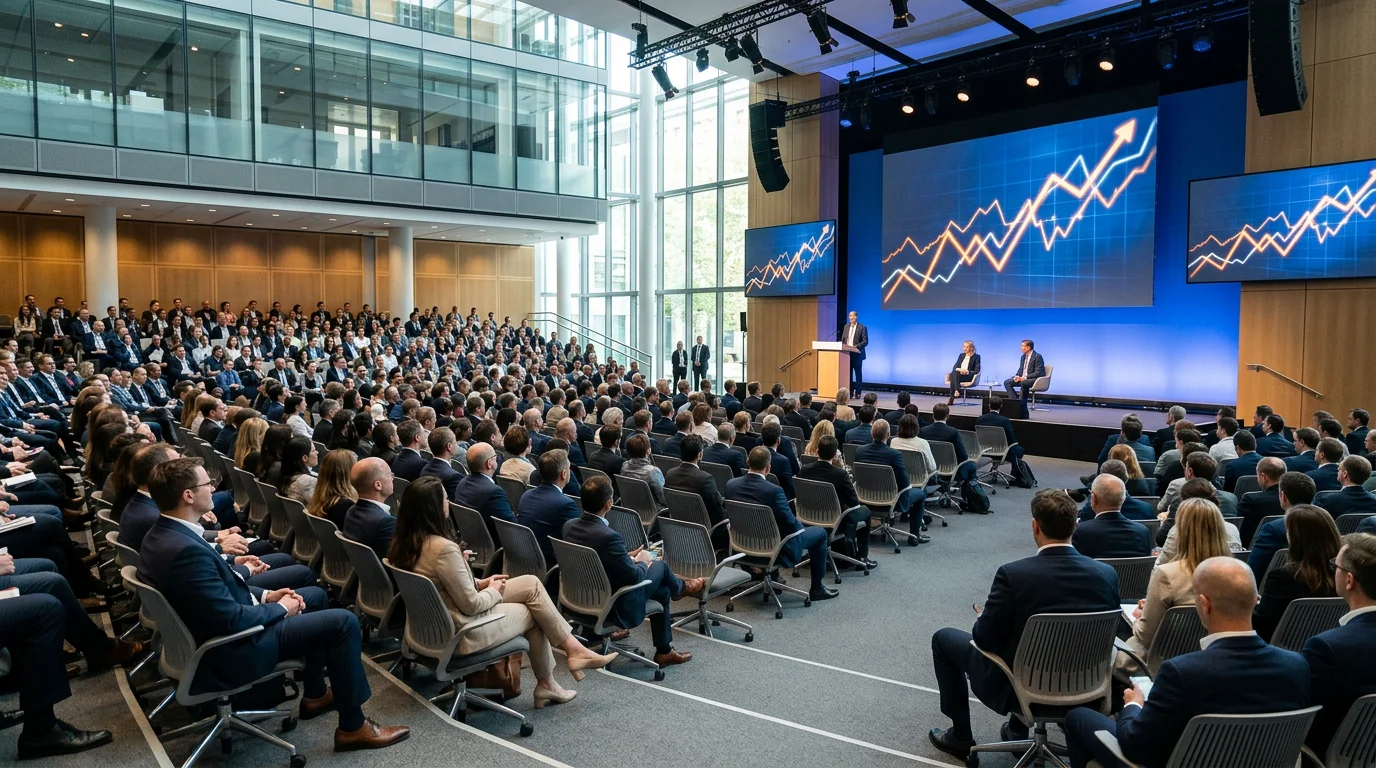 Delegates at an international carbon markets conference watching market data on stage screens
