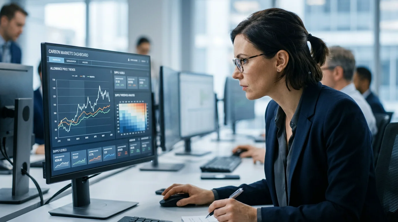 Financial professional analysing carbon allowance price and supply data on a trading dashboard
