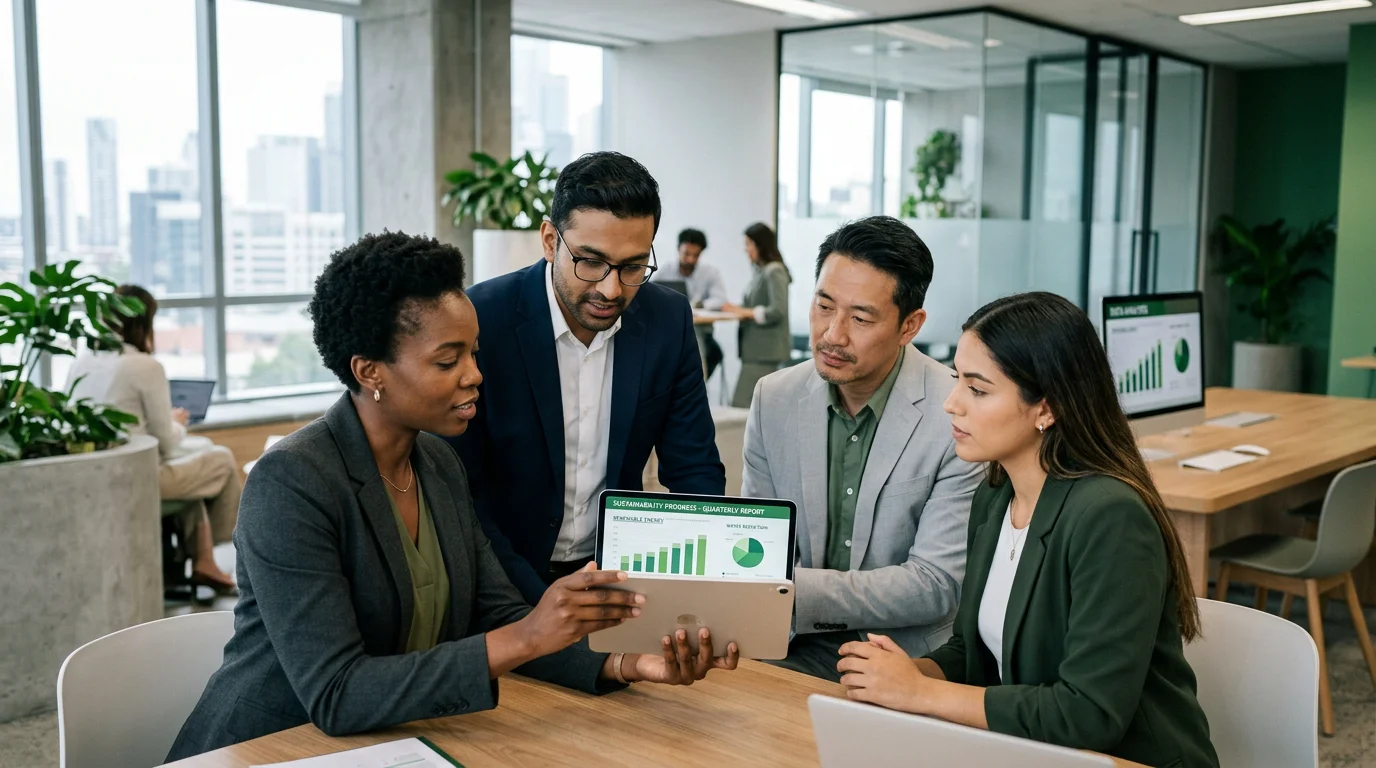 Professionals reviewing carbon market data on a tablet