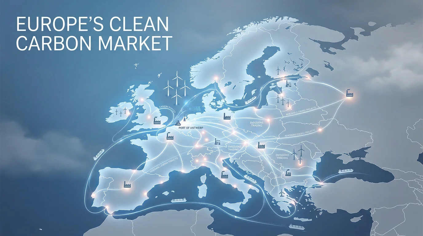 Conceptual illustration of Europe's carbon market connecting industry, energy, and shipping