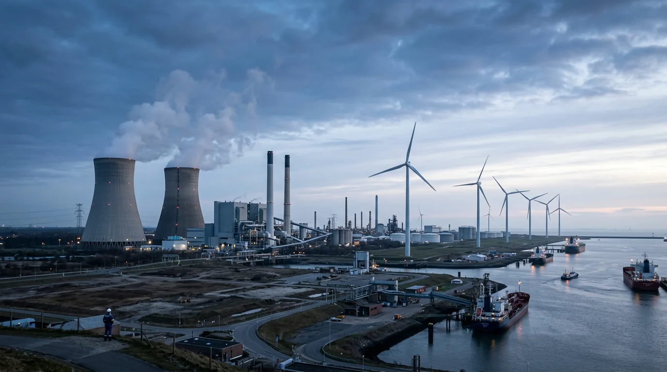Industrial skyline with power plant and wind turbines representing Europe's carbon market
