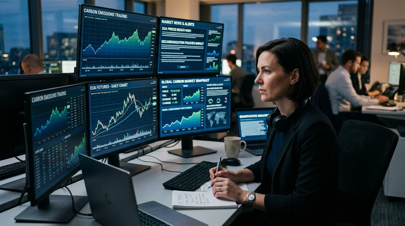 Analyst monitoring live carbon allowance price charts on trading screens