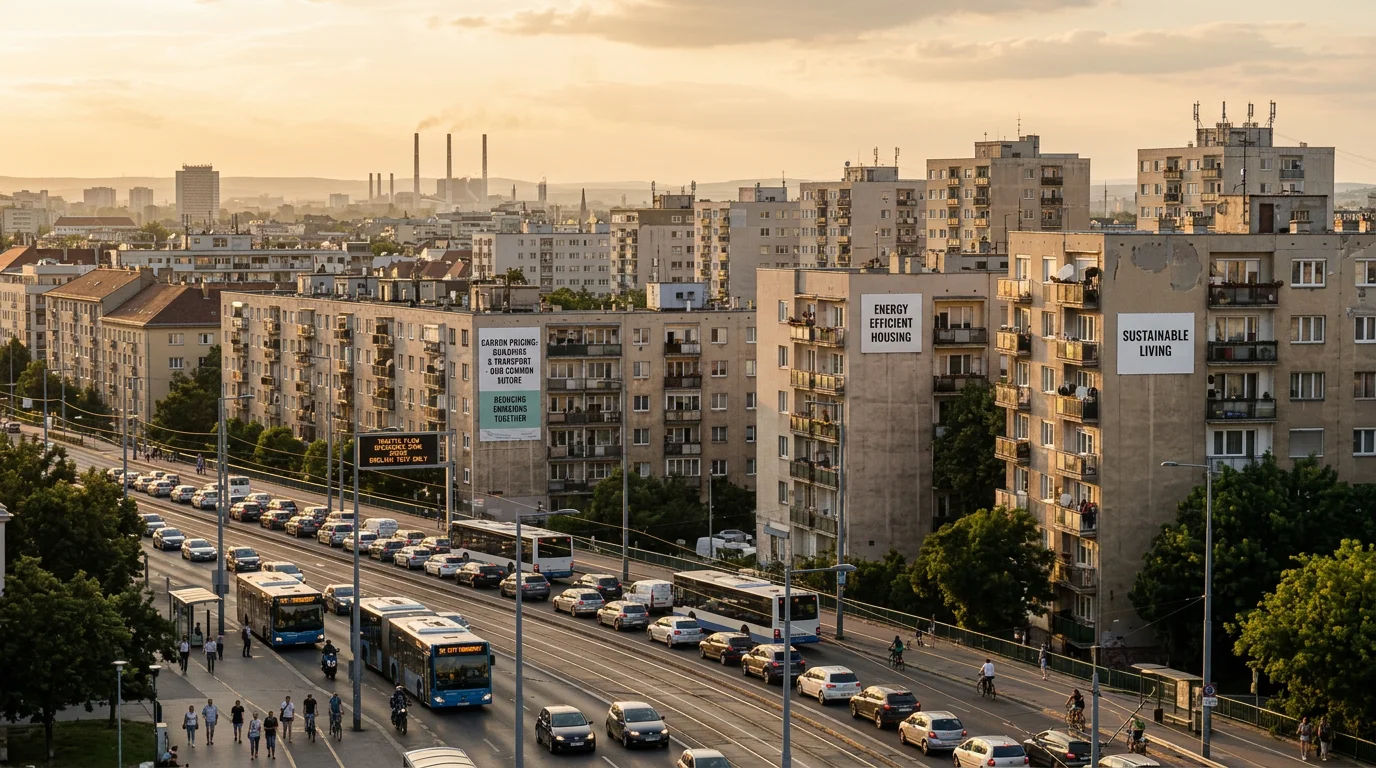 European cityscape with buildings, road traffic and industry representing EU ETS 2 sectors