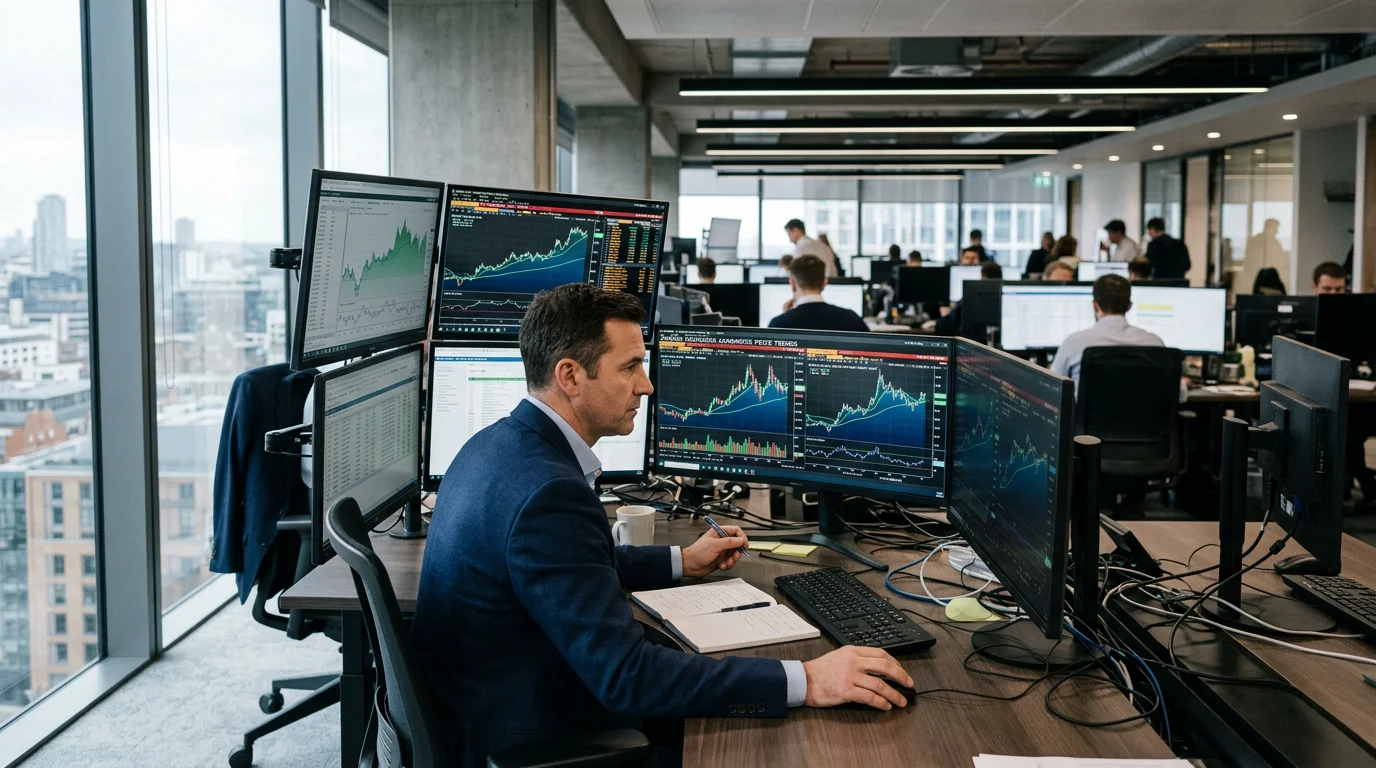 Analyst reviewing carbon allowance price charts on trading screens