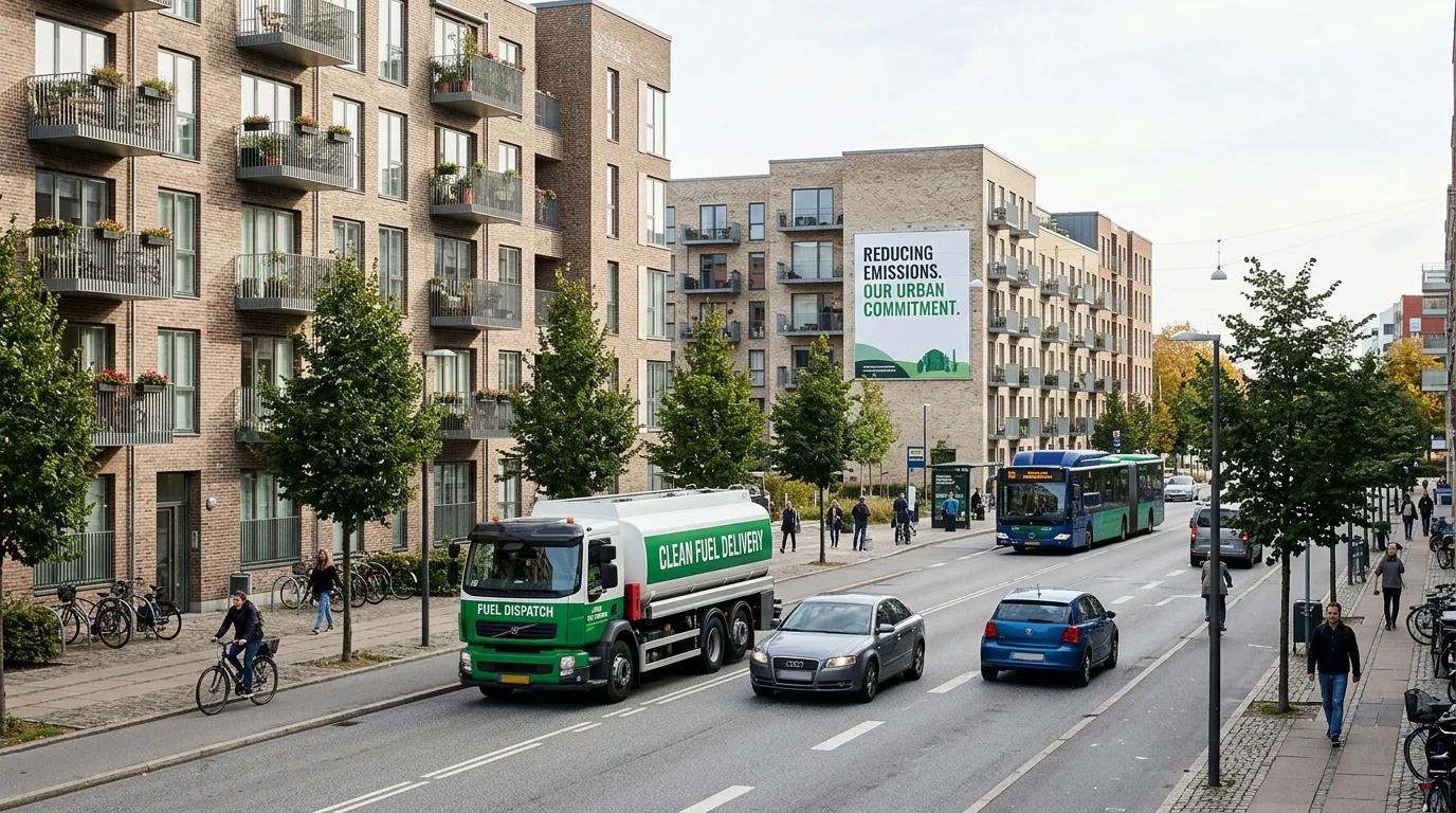 European street with buildings, traffic and a fuel truck illustrating ETS 2 covered sectors