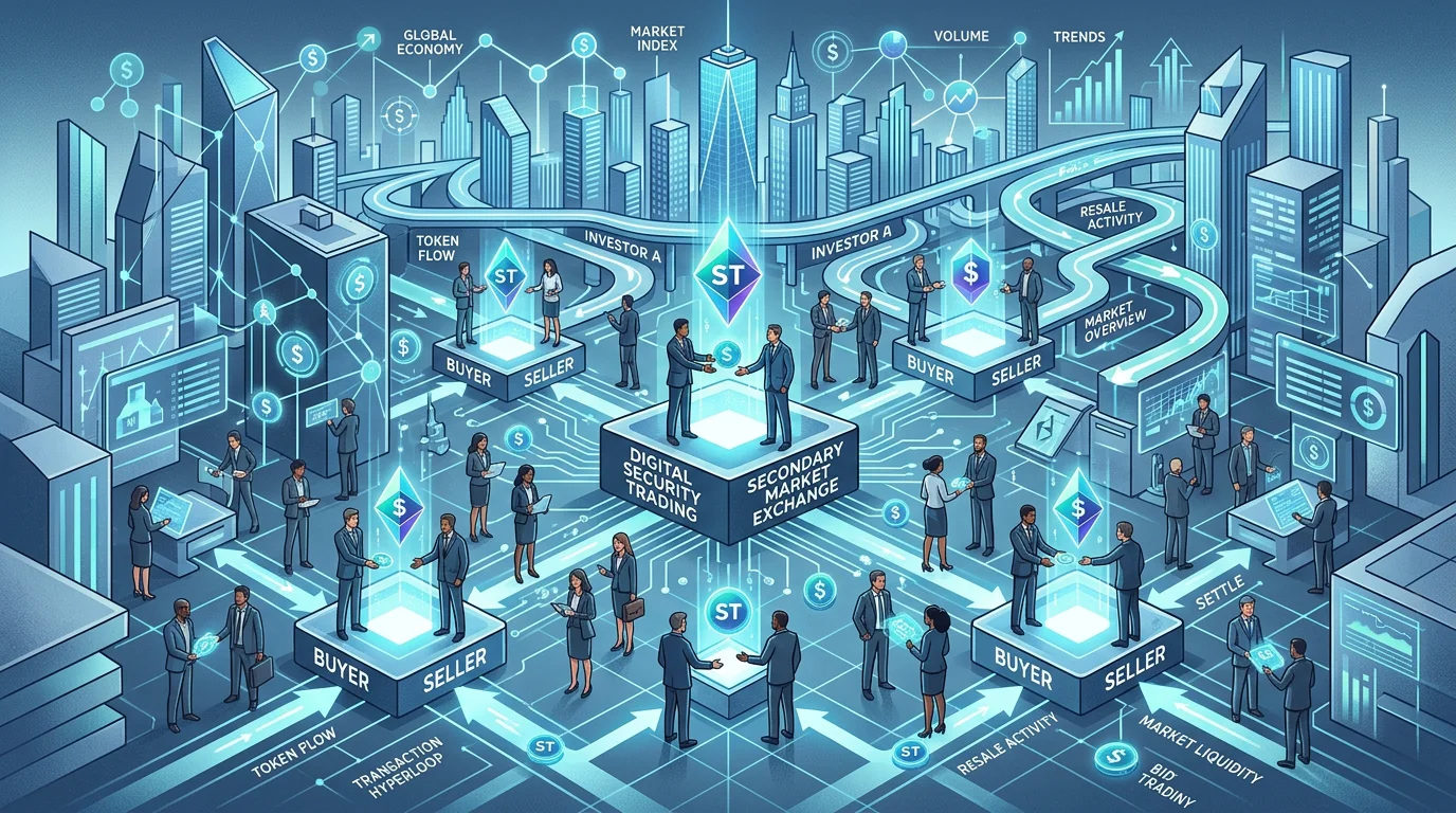 Conceptual illustration of investors trading securities on a secondary market