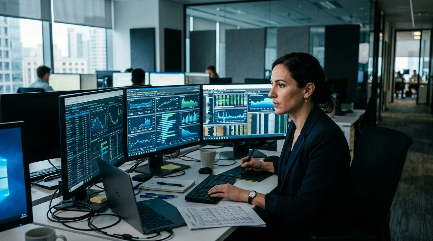 Analyst reviewing carbon auction schedules on multiple monitors
