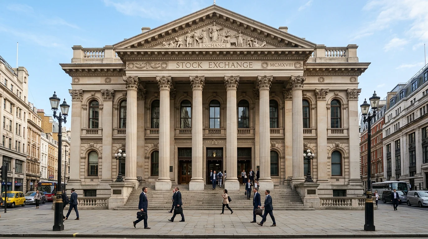 Classical stock exchange building facade with columns under daylight