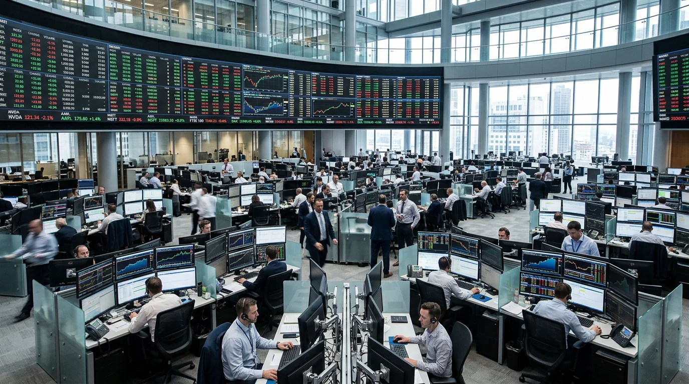 Traders working on a stock exchange floor with digital price displays