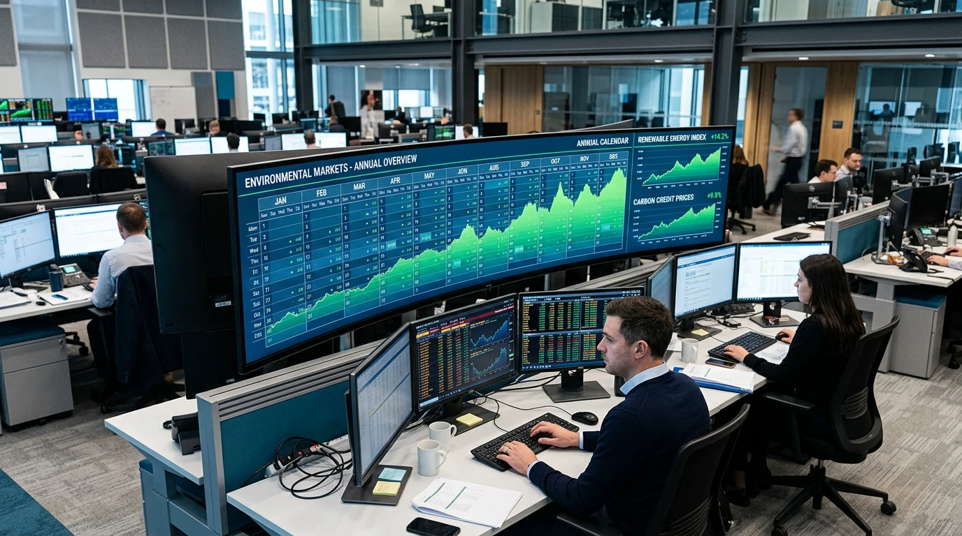 Trading desk screen showing an annual carbon auction calendar and market charts