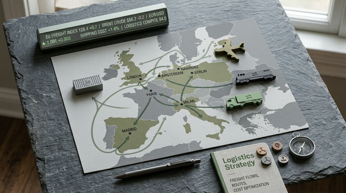 Map of Europe with trade and pricing motifs representing carbon border pricing and market expansion