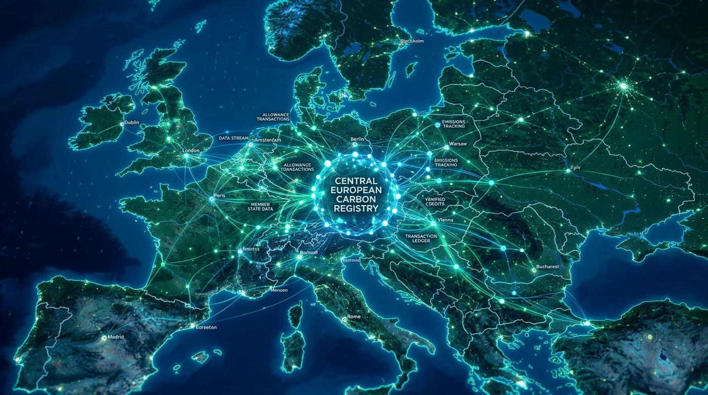 Abstract digital ledger over Europe representing the centralised carbon allowance registry