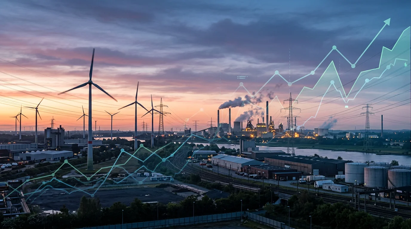 European energy landscape with wind turbines and abstract carbon price chart overlay