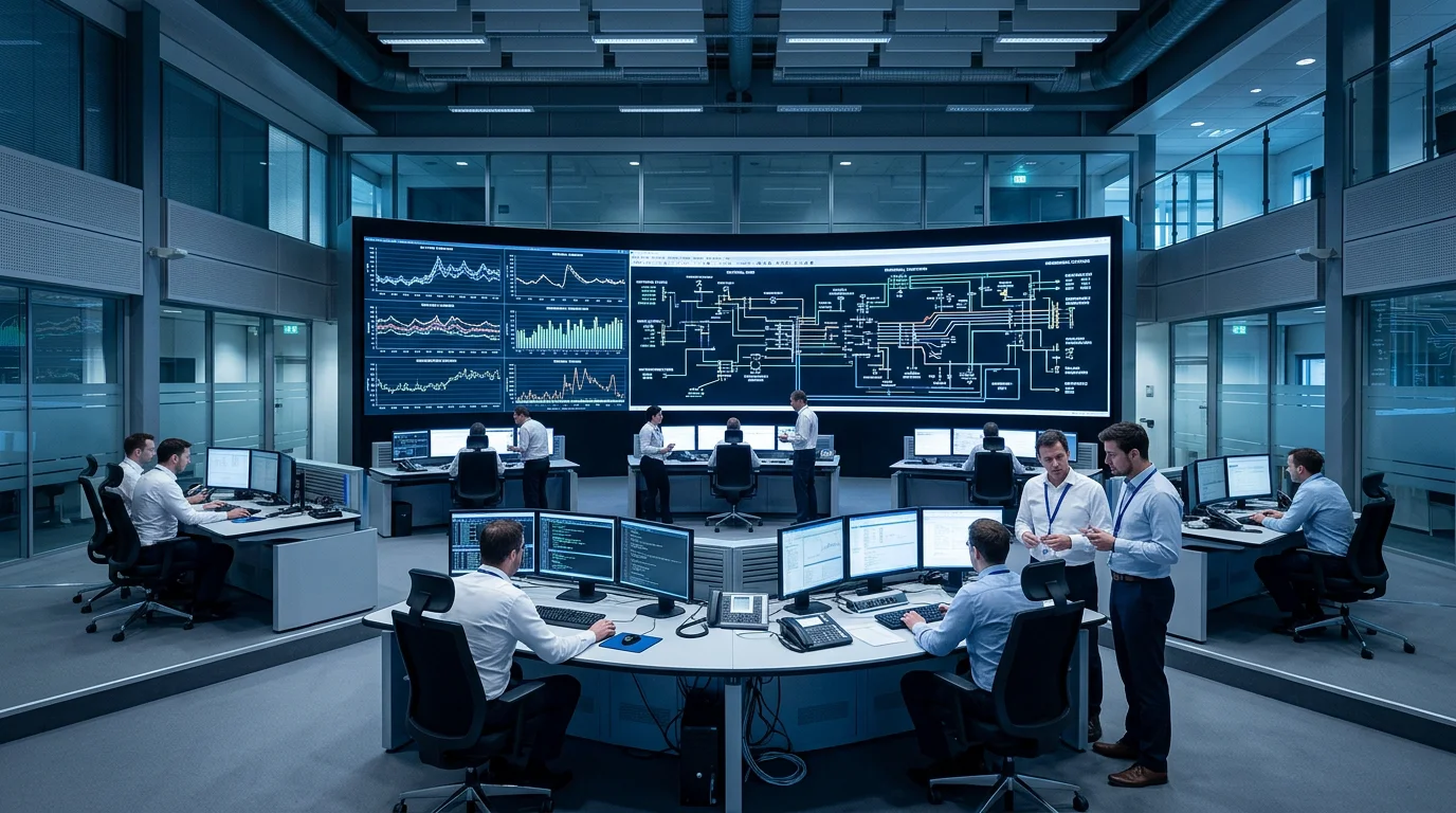 Energy control room with abstract price and grid charts on screens
