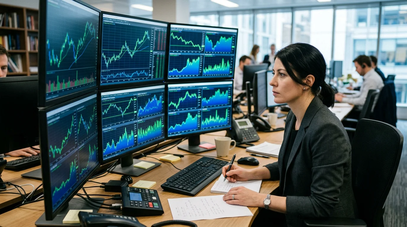 Professional analysing carbon and energy market charts on multiple screens