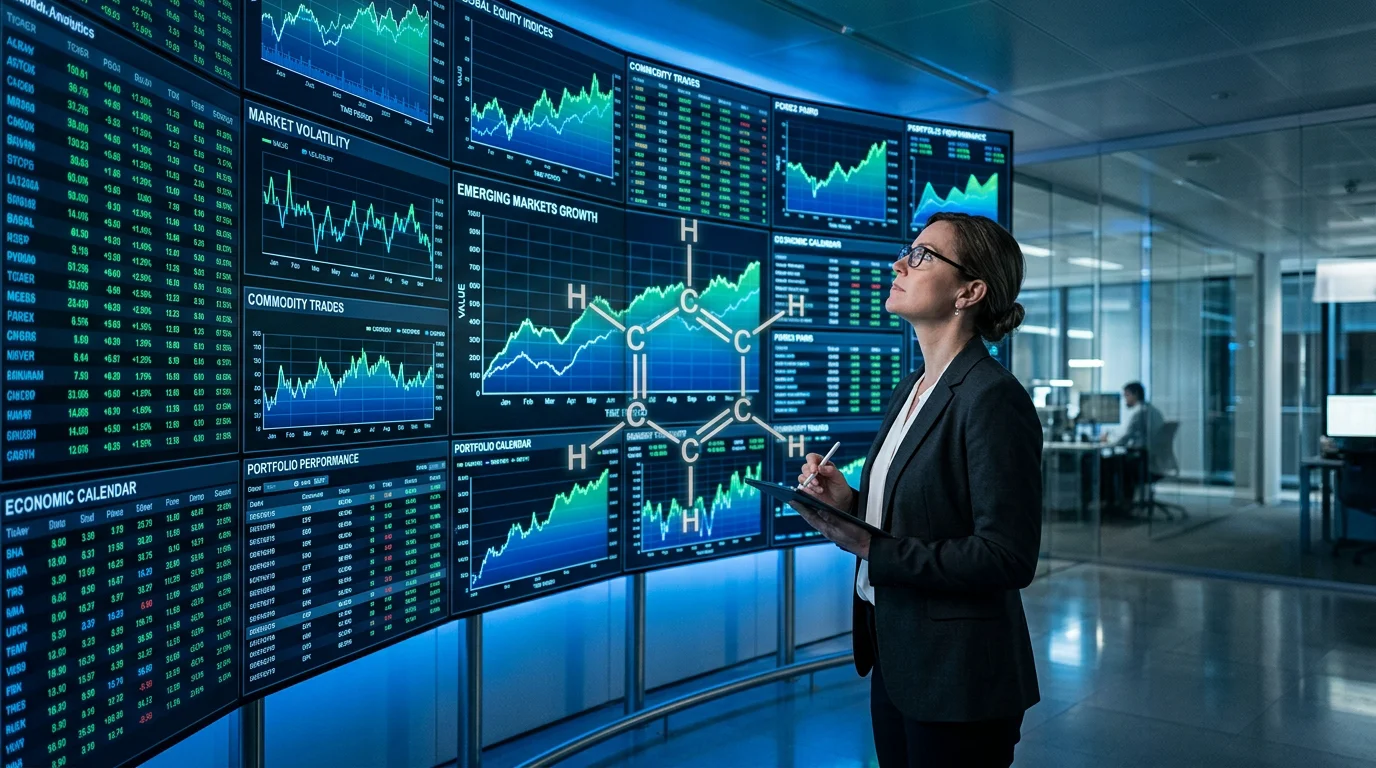 Analyst reviewing carbon price charts on a wall of trading screens