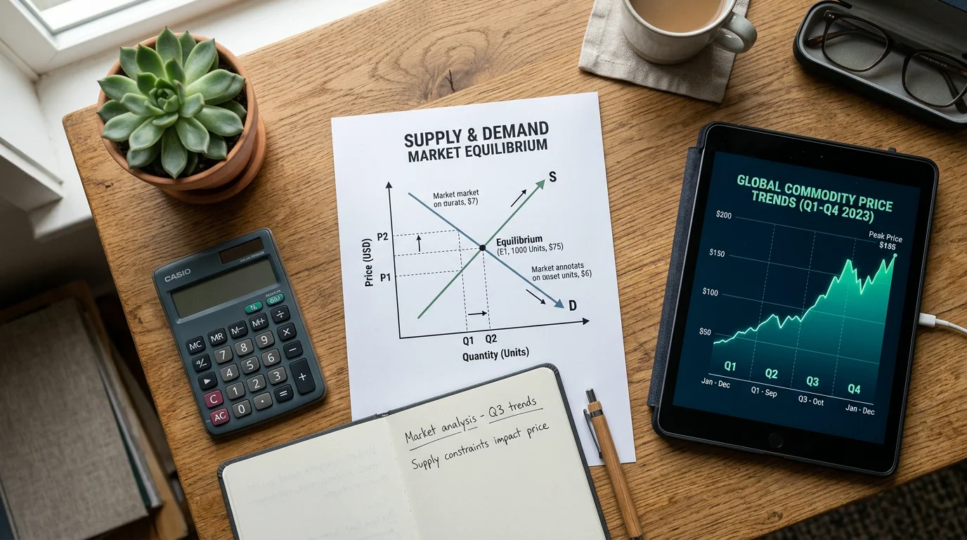Desk with supply and demand chart representing carbon price drivers