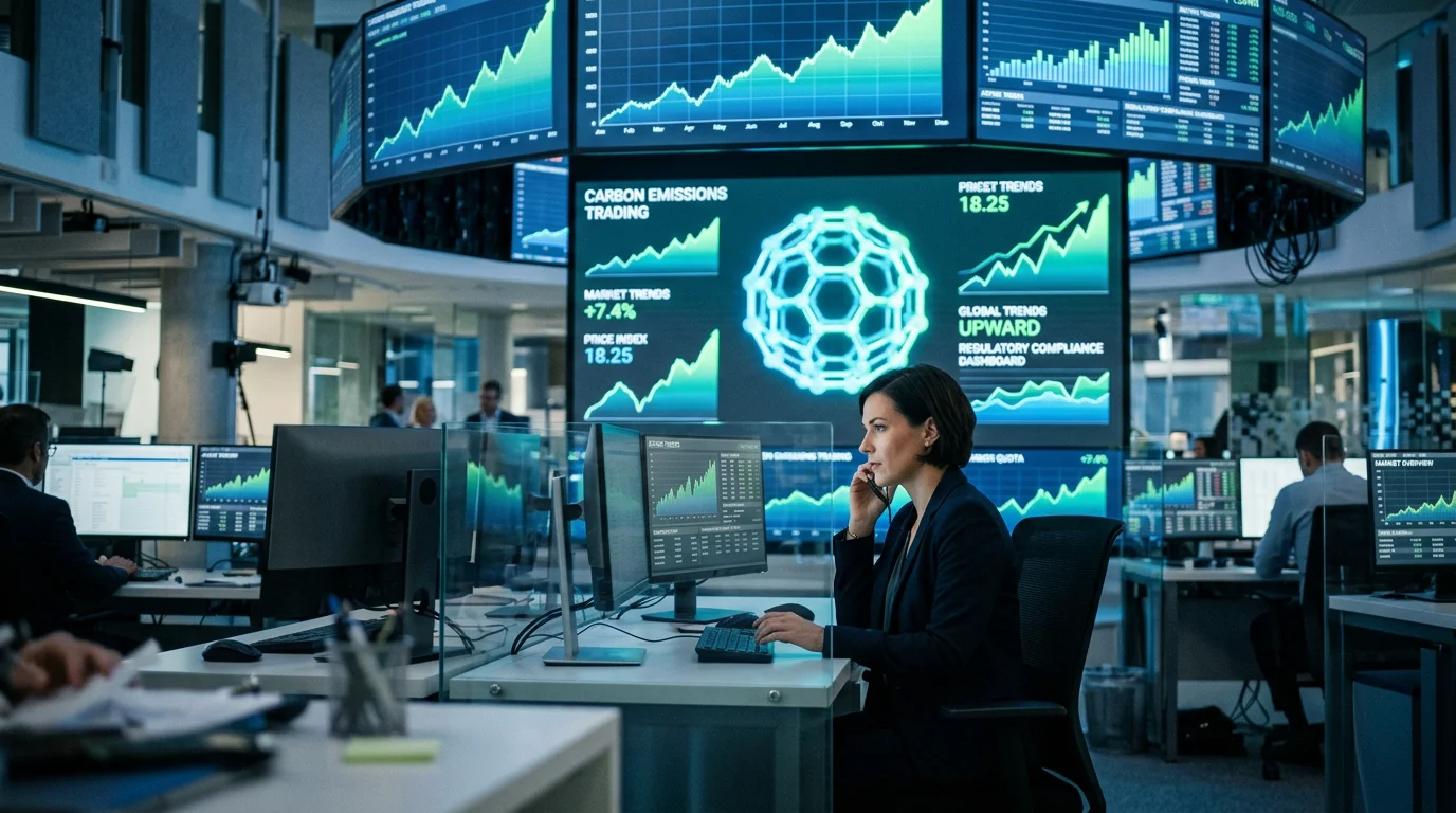 Trading floor screens illustrating carbon allowance price discovery