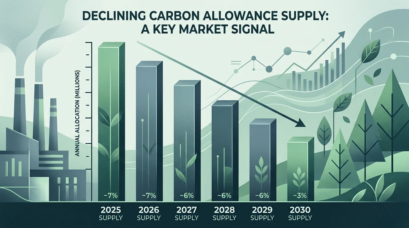 Illustration of a declining carbon allowance supply curve over several years