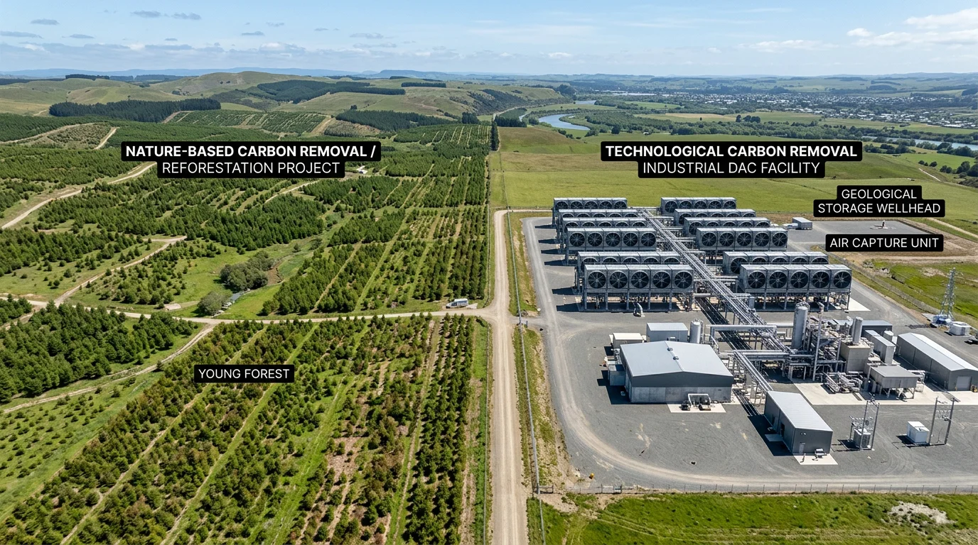 Aerial view contrasting a reforestation site with a carbon capture facility
