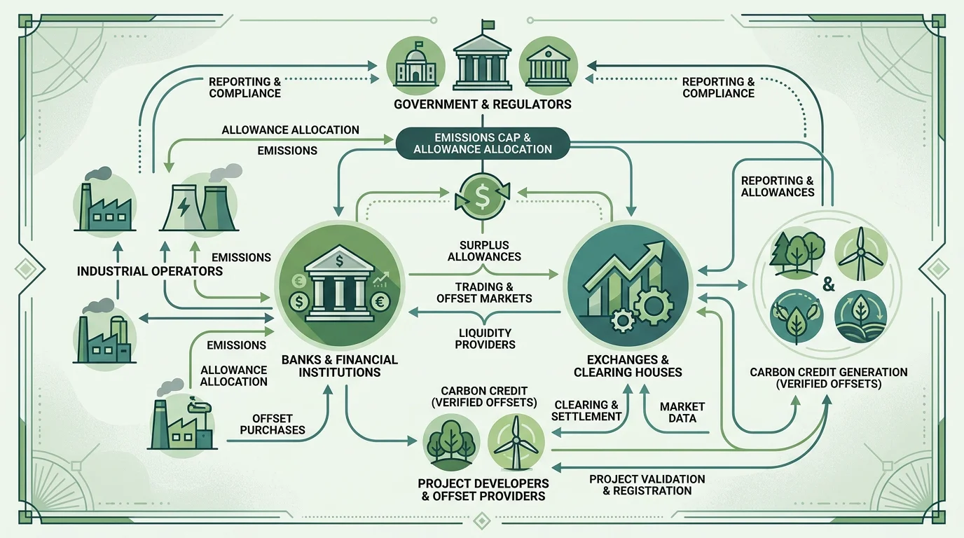 Diagram of carbon market participants and trading flows between institutions and exchanges