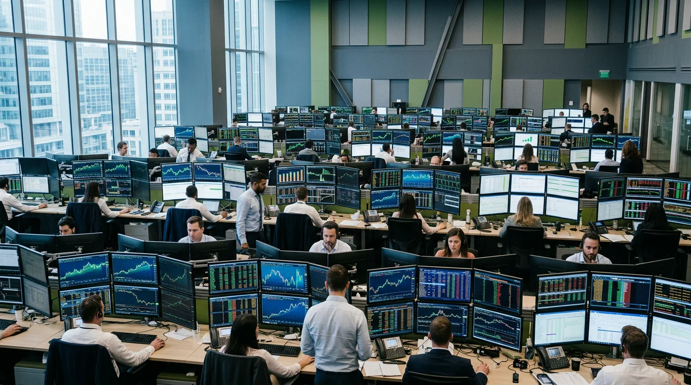 Trading floor screens showing carbon allowance price charts and order book depth