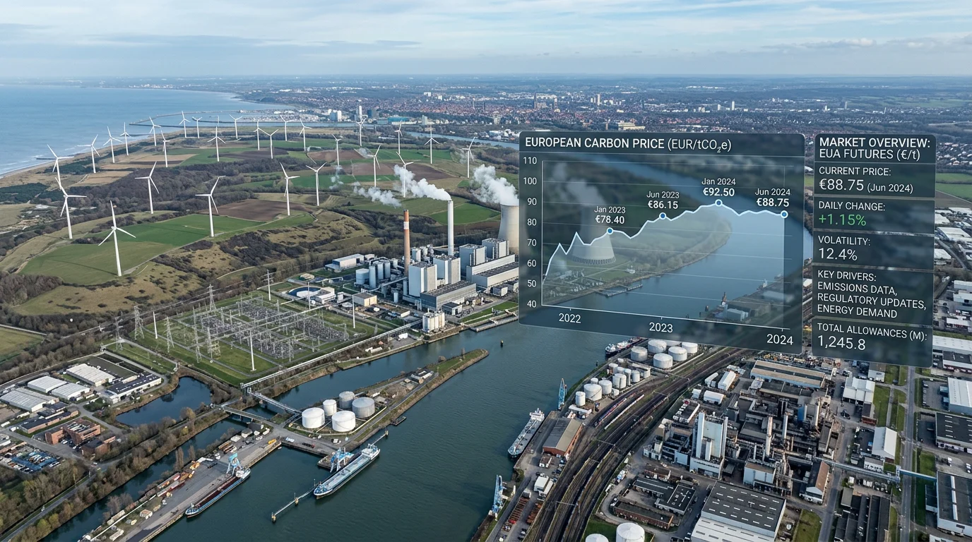 Industrial landscape with overlaid carbon market price data graphics