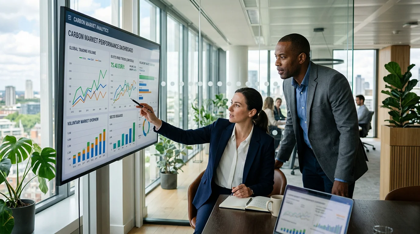 Two finance professionals analysing carbon market data on a screen