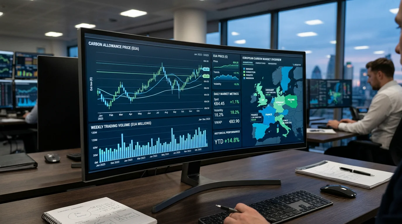Trading desk monitor displaying carbon allowance prices and trading volumes