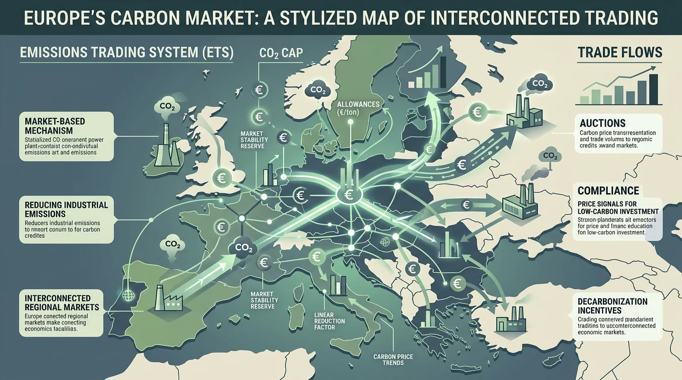 Illustration of the EU carbon market as an interconnected financial marketplace across Europe