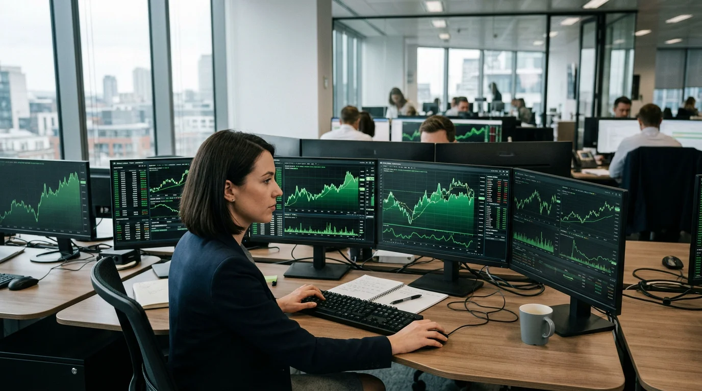 Modern trading desk with screens showing carbon market data