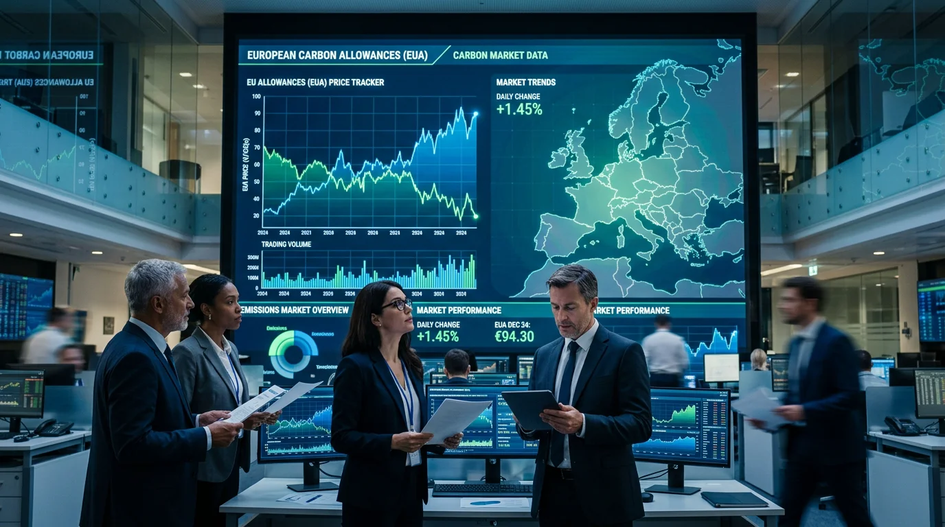 Financial data wall with European carbon price charts