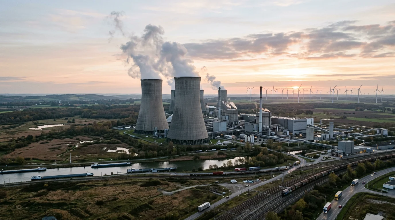 European industrial site with wind turbines under a dawn sky