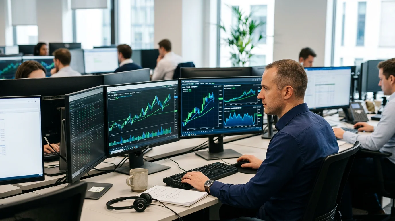 Trading desk screens displaying carbon allowance price charts