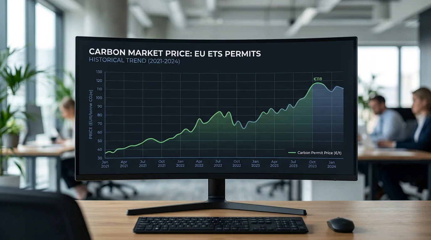Widescreen trading monitor showing a carbon allowance price chart