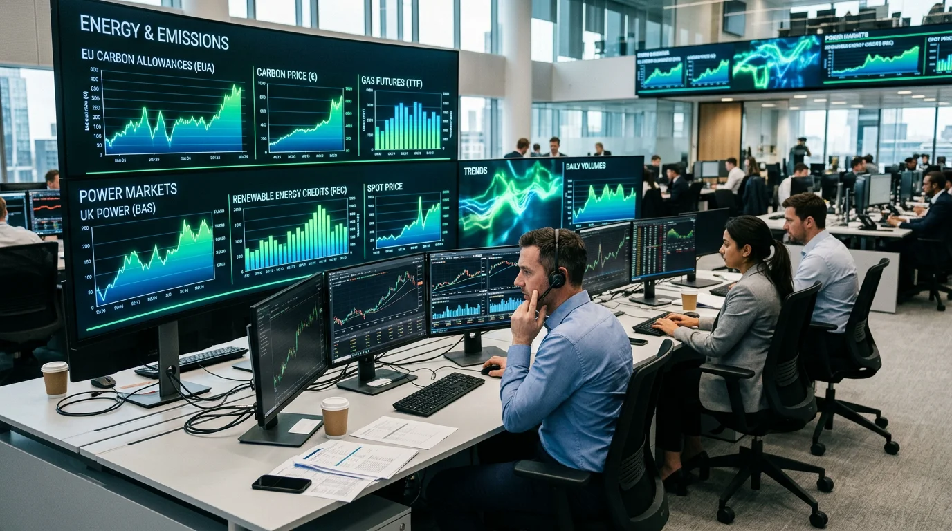 Trading desk displaying carbon and energy market charts on multiple screens